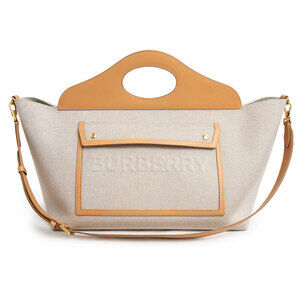 Burberry Embossed Logo Tote Shoulder Handbag Crossbody Leather Beige